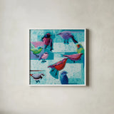 Odd Flock by Shirley Novak. Shown in a crisp white glass frame for a clean and minimalist style. Available as an archival giclee rolled canvas, fine art paper, or poster print. SKU 92997a.