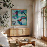 Odd Flock by Shirley Novak. Shown in a natural wood frame in a cozy modern living room. Available as an archival giclee rolled canvas, fine art paper, or poster print. SKU 92997a.