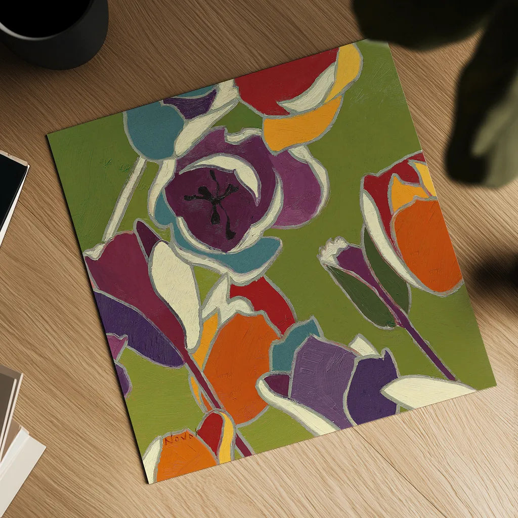 Orange Cloisonne Tulipe I by Shirley Novak. Shown as a detailed flat fine art print, highlighting archival giclee quality. Available as an archival giclee rolled canvas, fine art paper, or poster print. SKU 45158a.