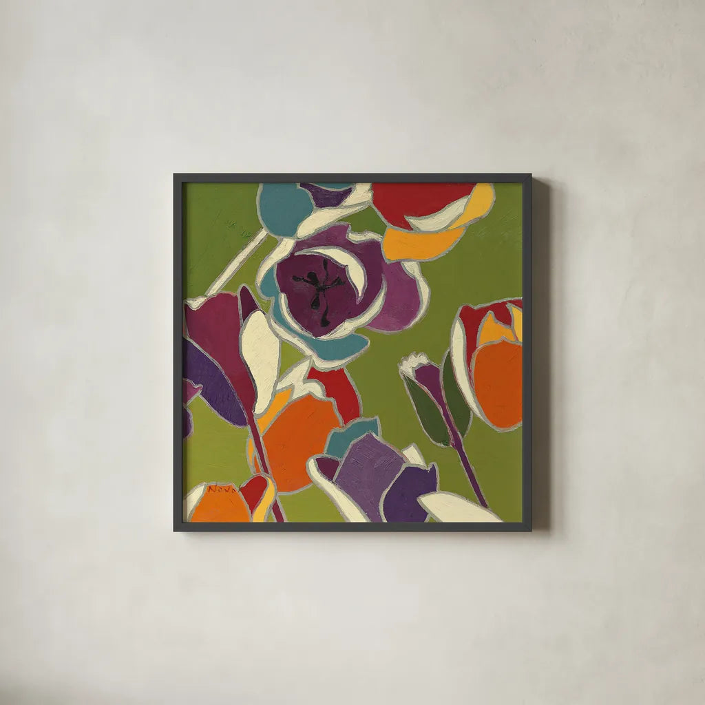 Orange Cloisonne Tulipe I by Shirley Novak. Shown in a sleek black glass frame for a contemporary gallery look. Available as an archival giclee rolled canvas, fine art paper, or poster print. SKU 45158a.