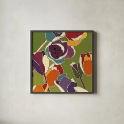Orange Cloisonne Tulipe I by Shirley Novak. Shown in a sleek black glass frame for a contemporary gallery look. Available as an archival giclee rolled canvas, fine art paper, or poster print. SKU 45158a.