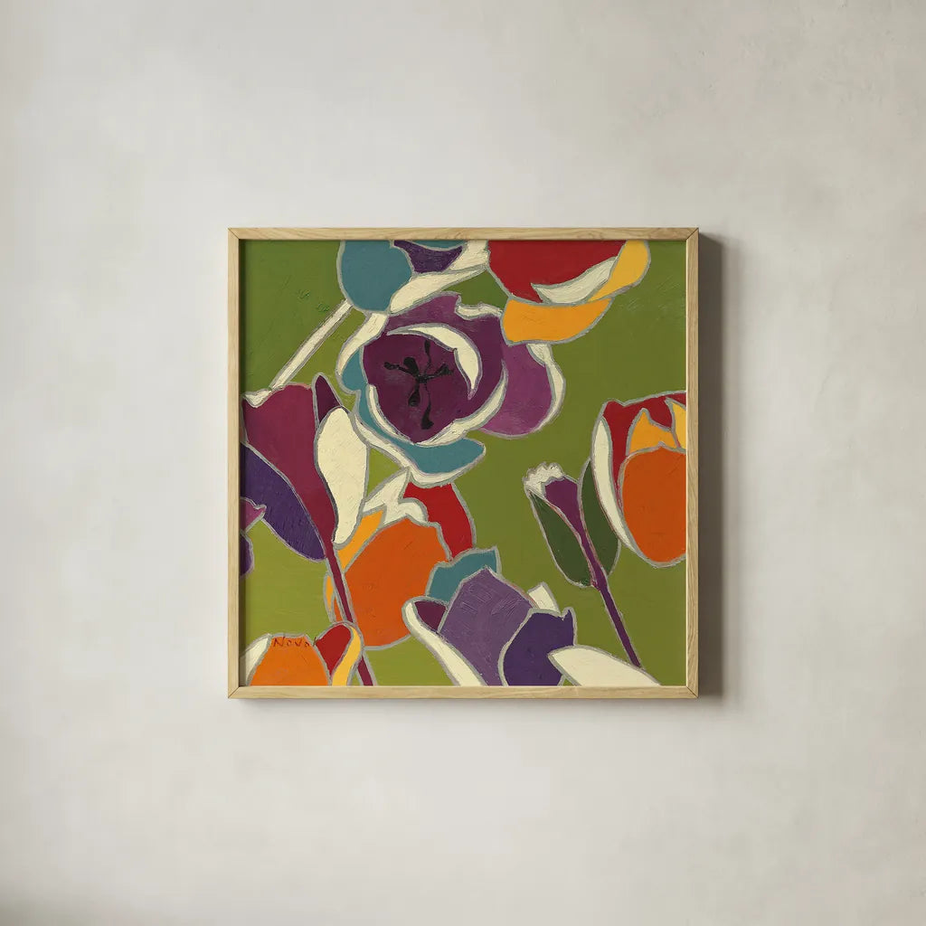 Orange Cloisonne Tulipe I by Shirley Novak. Shown in a natural wood glass frame for a timeless modern aesthetic. Available as an archival giclee rolled canvas, fine art paper, or poster print. SKU 45158a.