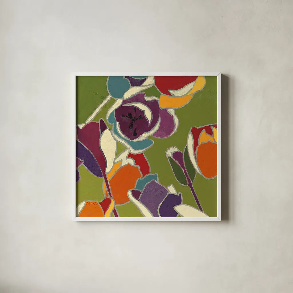 Orange Cloisonne Tulipe I by Shirley Novak. Shown in a crisp white glass frame for a clean and minimalist style. Available as an archival giclee rolled canvas, fine art paper, or poster print. SKU 45158a.