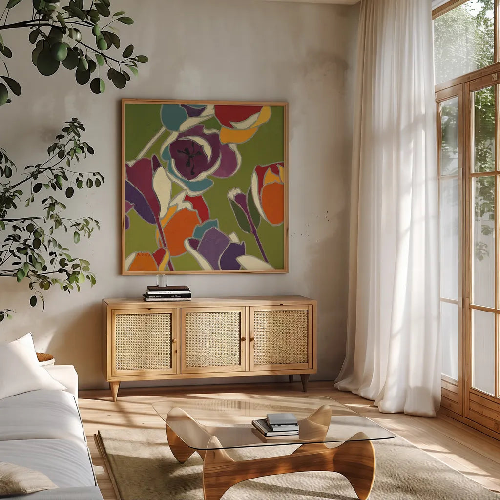 Orange Cloisonne Tulipe I by Shirley Novak. Shown in a natural wood frame in a cozy modern living room. Available as an archival giclee rolled canvas, fine art paper, or poster print. SKU 45158a.