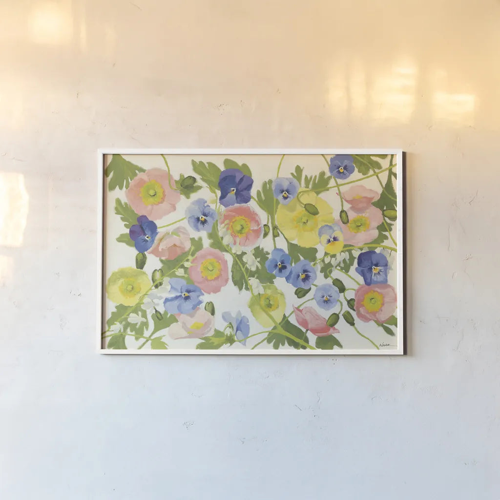 Overall Floral by Shirley Novak. shown as a paper print in a white frame. Available as a archival giclee rolled canvas, fine art paper, or poster print. SKU 101146i.