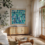 Pas Parfait I by Shirley Novak. Shown in a natural wood frame in a cozy modern living room. Available as an archival giclee rolled canvas, fine art paper, or poster print. SKU 22771a.