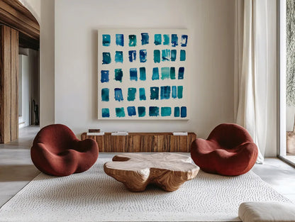 Pas Parfait III by Shirley Novak. Shown as extra-large giant wall art in a modern living room. Available as an archival giclee rolled canvas, fine art paper, or poster print. SKU 22773a.