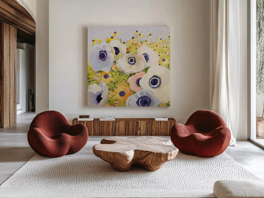 Pastels by Shirley Novak. Shown as extra-large giant wall art in a modern living room. Available as an archival giclee rolled canvas, fine art paper, or poster print. SKU 89488a.