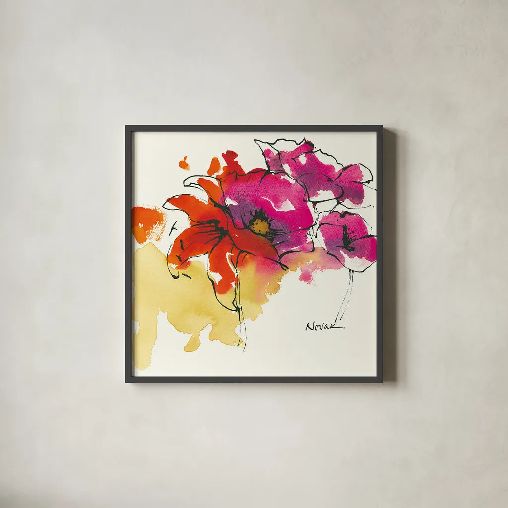 Pattys Plum I by Shirley Novak. Shown in a sleek black glass frame for a contemporary gallery look. Available as an archival giclee rolled canvas, fine art paper, or poster print. SKU 27565a.