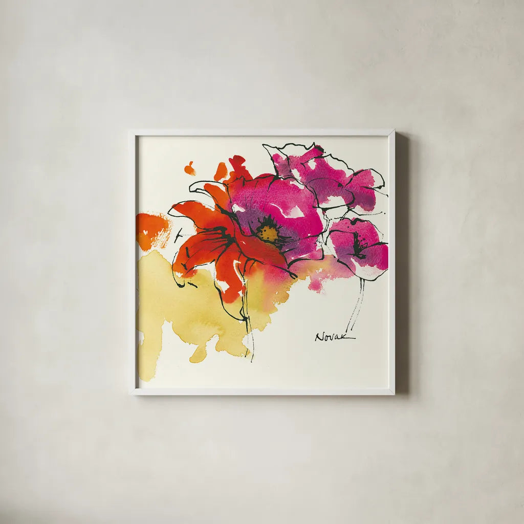 Pattys Plum I by Shirley Novak. Shown in a crisp white glass frame for a clean and minimalist style. Available as an archival giclee rolled canvas, fine art paper, or poster print. SKU 27565a.