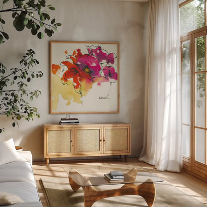 Pattys Plum I by Shirley Novak. Shown in a natural wood frame in a cozy modern living room. Available as an archival giclee rolled canvas, fine art paper, or poster print. SKU 27565a.