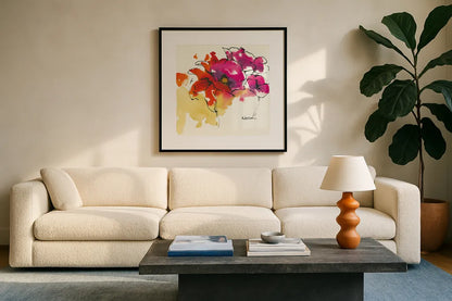 Pattys Plum I by Shirley Novak. Displayed in a glass frame with matte in a clean modern living room. Available as an archival giclee rolled canvas, fine art paper, or poster print. SKU 27565a.