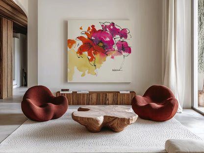 Pattys Plum I by Shirley Novak. Shown as extra-large giant wall art in a modern living room. Available as an archival giclee rolled canvas, fine art paper, or poster print. SKU 27565a.
