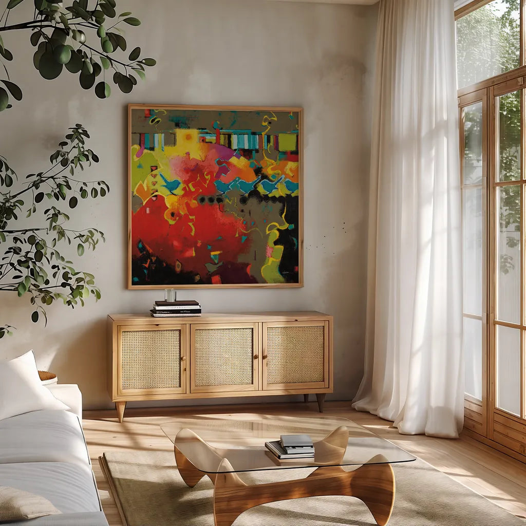 Piano Keys by Shirley Novak. Shown in a natural wood frame in a cozy modern living room. Available as an archival giclee rolled canvas, fine art paper, or poster print. SKU 93001a.