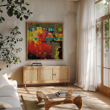 Piano Keys by Shirley Novak. Shown in a natural wood frame in a cozy modern living room. Available as an archival giclee rolled canvas, fine art paper, or poster print. SKU 93001a.