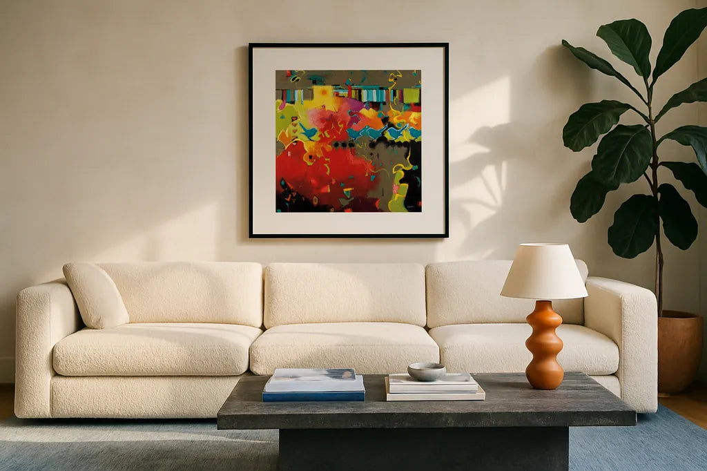 Piano Keys by Shirley Novak. Displayed in a glass frame with matte in a clean modern living room. Available as an archival giclee rolled canvas, fine art paper, or poster print. SKU 93001a.