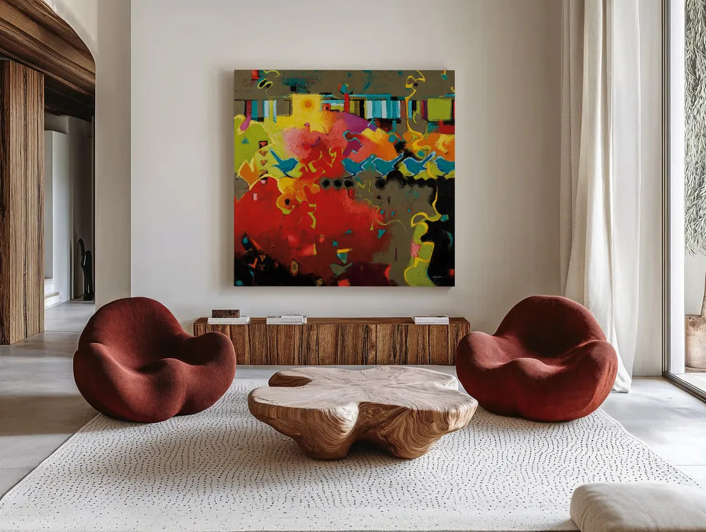 Piano Keys by Shirley Novak. Shown as extra-large giant wall art in a modern living room. Available as an archival giclee rolled canvas, fine art paper, or poster print. SKU 93001a.
