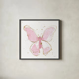 Pink Gilded Butterflies II by Shirley Novak. Shown in a sleek black glass frame for a contemporary gallery look. Available as an archival giclee rolled canvas, fine art paper, or poster print. SKU 78821a.