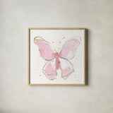 Pink Gilded Butterflies II by Shirley Novak. Shown in a natural wood glass frame for a timeless modern aesthetic. Available as an archival giclee rolled canvas, fine art paper, or poster print. SKU 78821a.