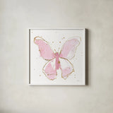 Pink Gilded Butterflies II by Shirley Novak. Shown in a crisp white glass frame for a clean and minimalist style. Available as an archival giclee rolled canvas, fine art paper, or poster print. SKU 78821a.