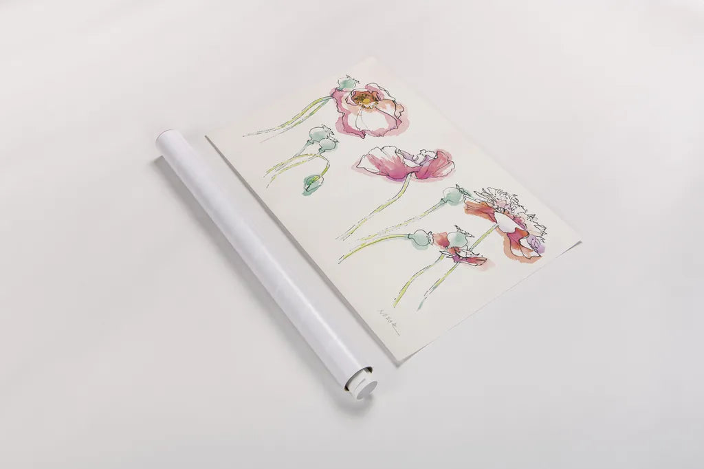 Pink Somniferums Bright by Shirley Novak. shown as a rolled paper print. Available as archival giclee rolled canvas, fine art paper, or poster print. SKU 35411i.