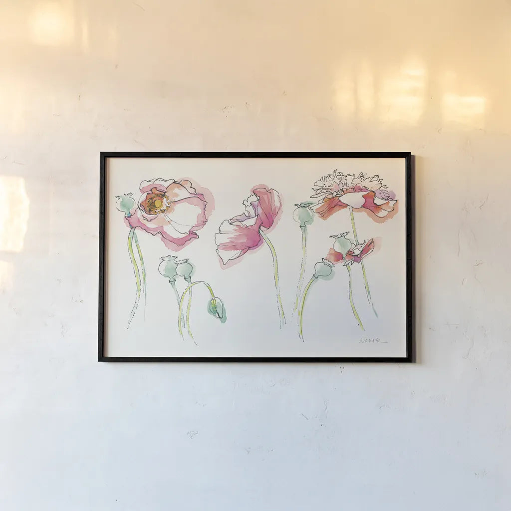 Pink Somniferums Bright by Shirley Novak. shown as a paper print in a black flame. Available as a archival giclee rolled canvas, fine art paper, or poster print. SKU 35411i.