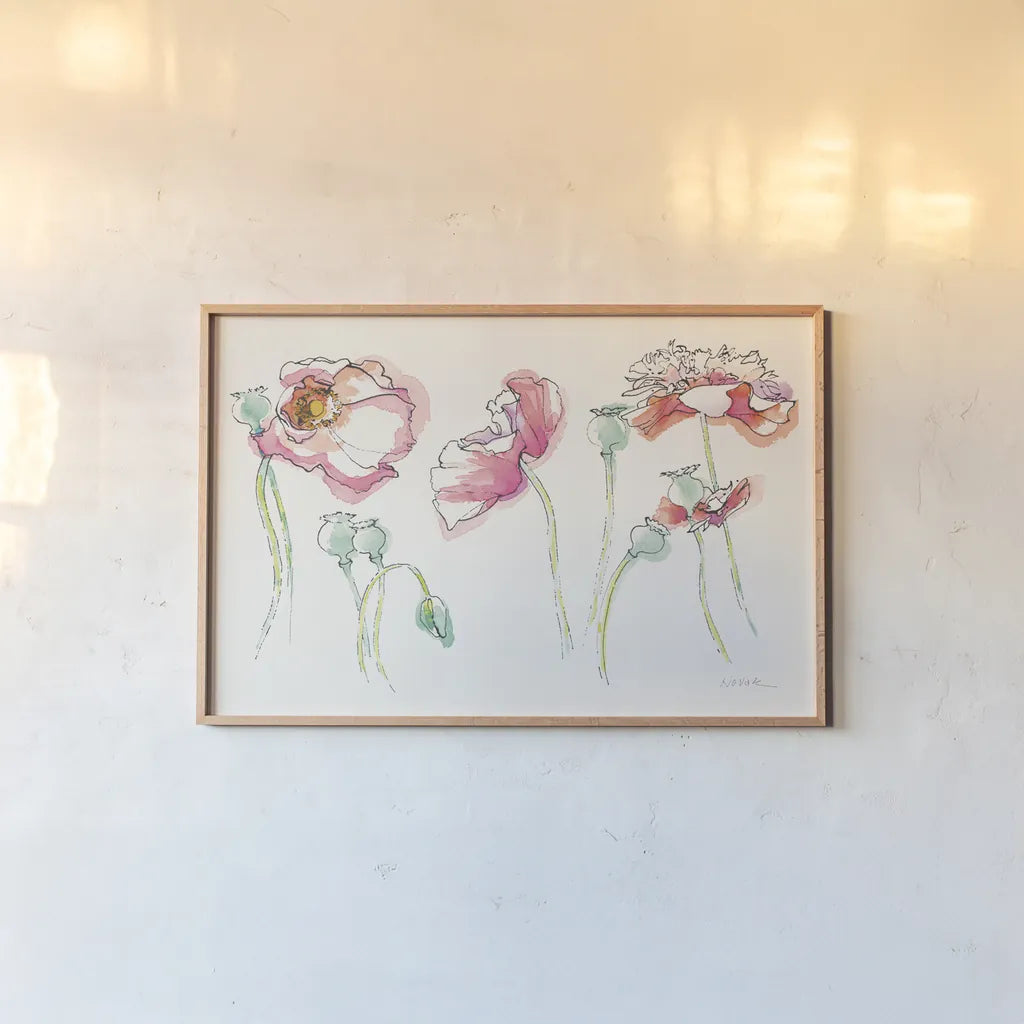 Pink Somniferums Bright by Shirley Novak. shown as a paper print in a natural frame. Available as a archival giclee rolled canvas, fine art paper, or poster print. SKU 35411i.