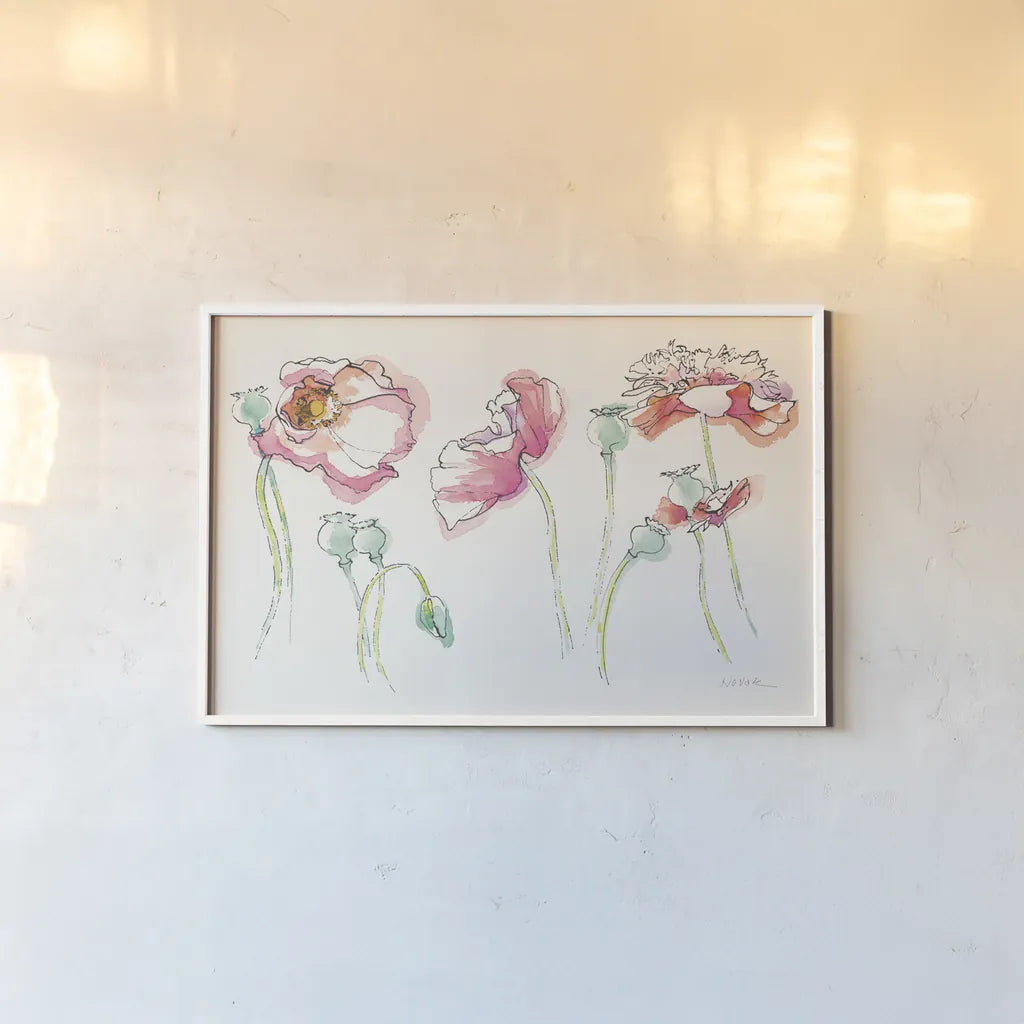 Pink Somniferums Bright by Shirley Novak. shown as a paper print in a white frame. Available as a archival giclee rolled canvas, fine art paper, or poster print. SKU 35411i.