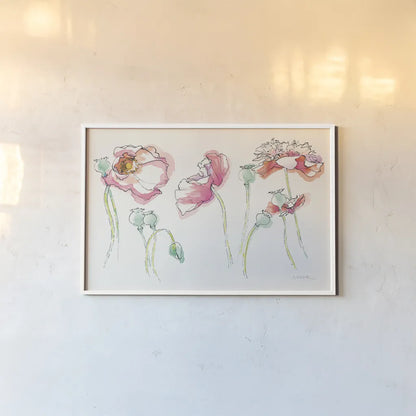 Pink Somniferums Bright by Shirley Novak. shown as a paper print in a white frame. Available as a archival giclee rolled canvas, fine art paper, or poster print. SKU 35411i.