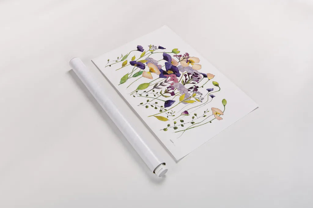 Pink and Purple Poppies by Shirley Novak. shown as a rolled paper print. Available as archival giclee rolled canvas, fine art paper, or poster print. SKU 89483i.