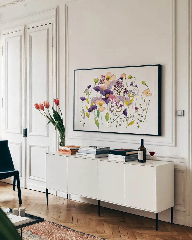 Pink and Purple Poppies by Shirley Novak. shown as a framed stretched canvas in a living room above a console. Available as a archival giclee rolled canvas, fine art paper, or poster print. SKU 89483i.