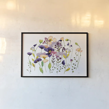 Pink and Purple Poppies by Shirley Novak. shown as a paper print in a black flame. Available as a archival giclee rolled canvas, fine art paper, or poster print. SKU 89483i.