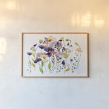 Pink and Purple Poppies by Shirley Novak. shown as a paper print in a natural frame. Available as a archival giclee rolled canvas, fine art paper, or poster print. SKU 89483i.