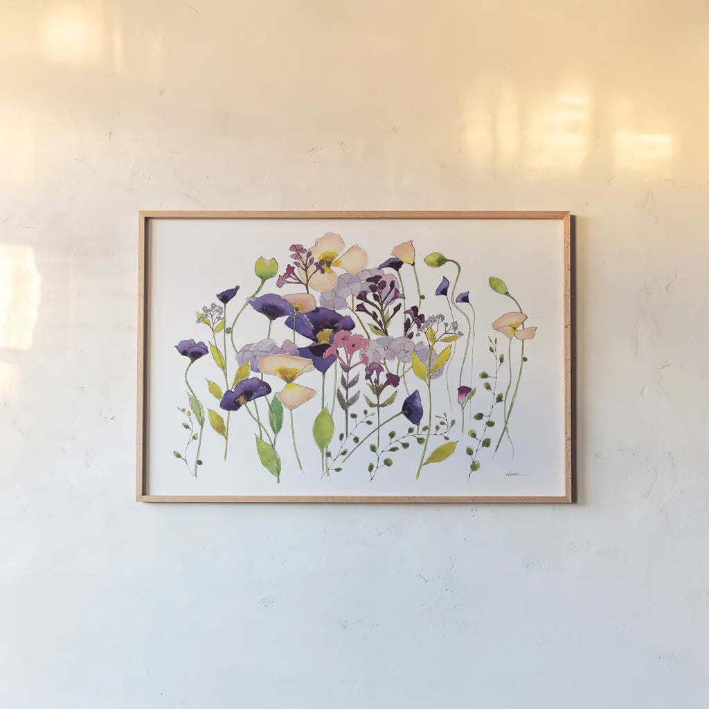 Pink and Purple Poppies by Shirley Novak. shown as a paper print in a natural frame. Available as a archival giclee rolled canvas, fine art paper, or poster print. SKU 89483i.