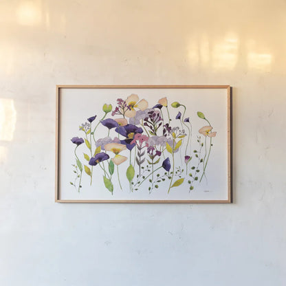 Pink and Purple Poppies by Shirley Novak. shown as a paper print in a natural frame. Available as a archival giclee rolled canvas, fine art paper, or poster print. SKU 89483i.