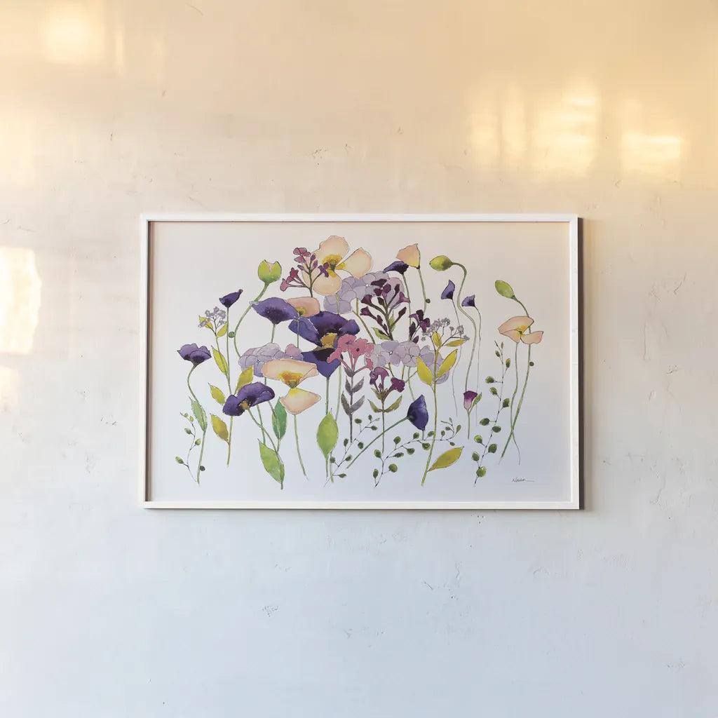 Pink and Purple Poppies by Shirley Novak. shown as a paper print in a white frame. Available as a archival giclee rolled canvas, fine art paper, or poster print. SKU 89483i.