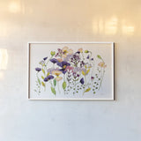 Pink and Purple Poppies by Shirley Novak. shown as a paper print in a white frame. Available as a archival giclee rolled canvas, fine art paper, or poster print. SKU 89483i.