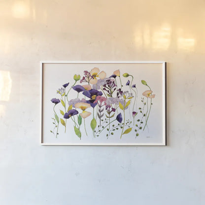 Pink and Purple Poppies by Shirley Novak. shown as a paper print in a white frame. Available as a archival giclee rolled canvas, fine art paper, or poster print. SKU 89483i.