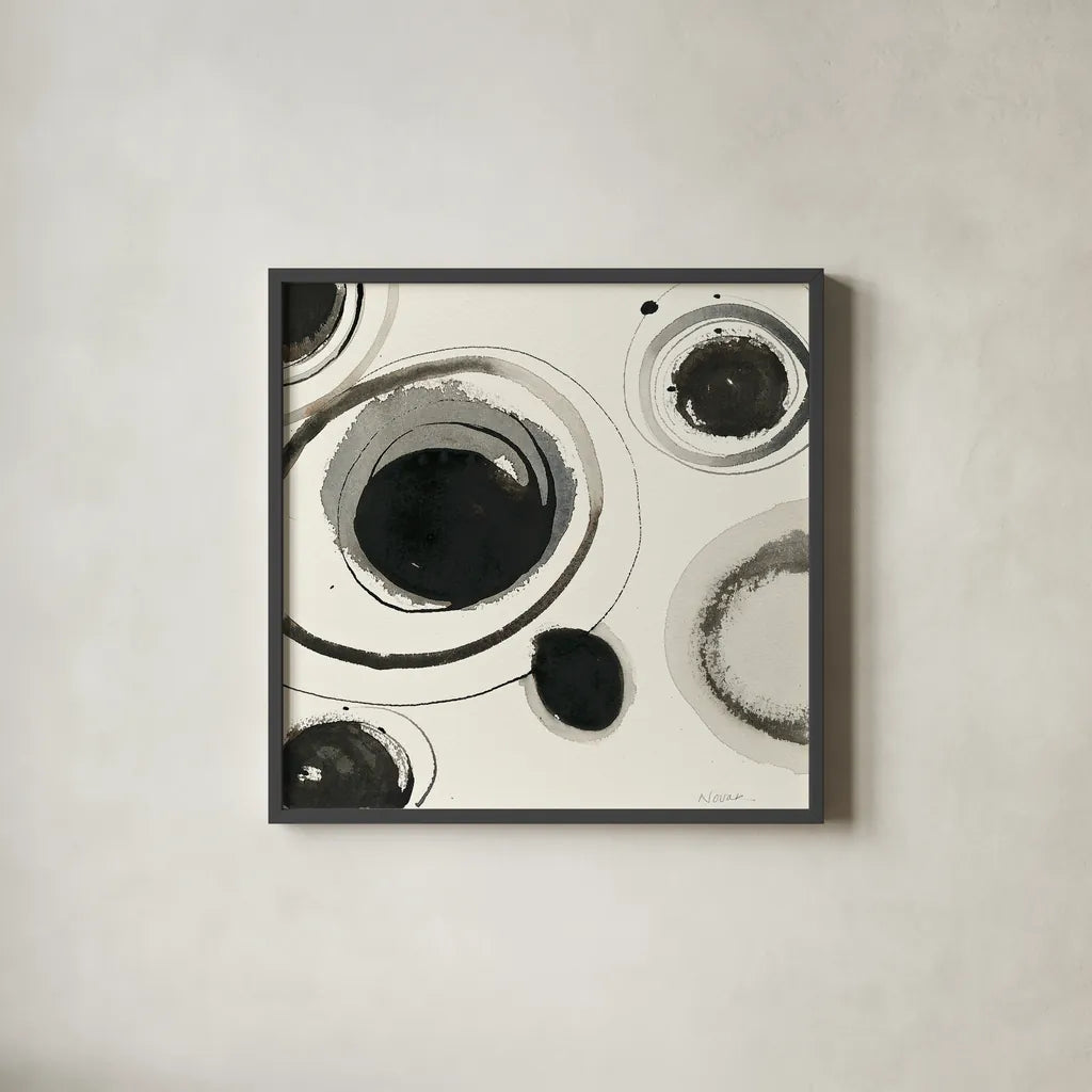 Planetary I by Shirley Novak. Shown in a sleek black glass frame for a contemporary gallery look. Available as an archival giclee rolled canvas, fine art paper, or poster print. SKU 22917a.