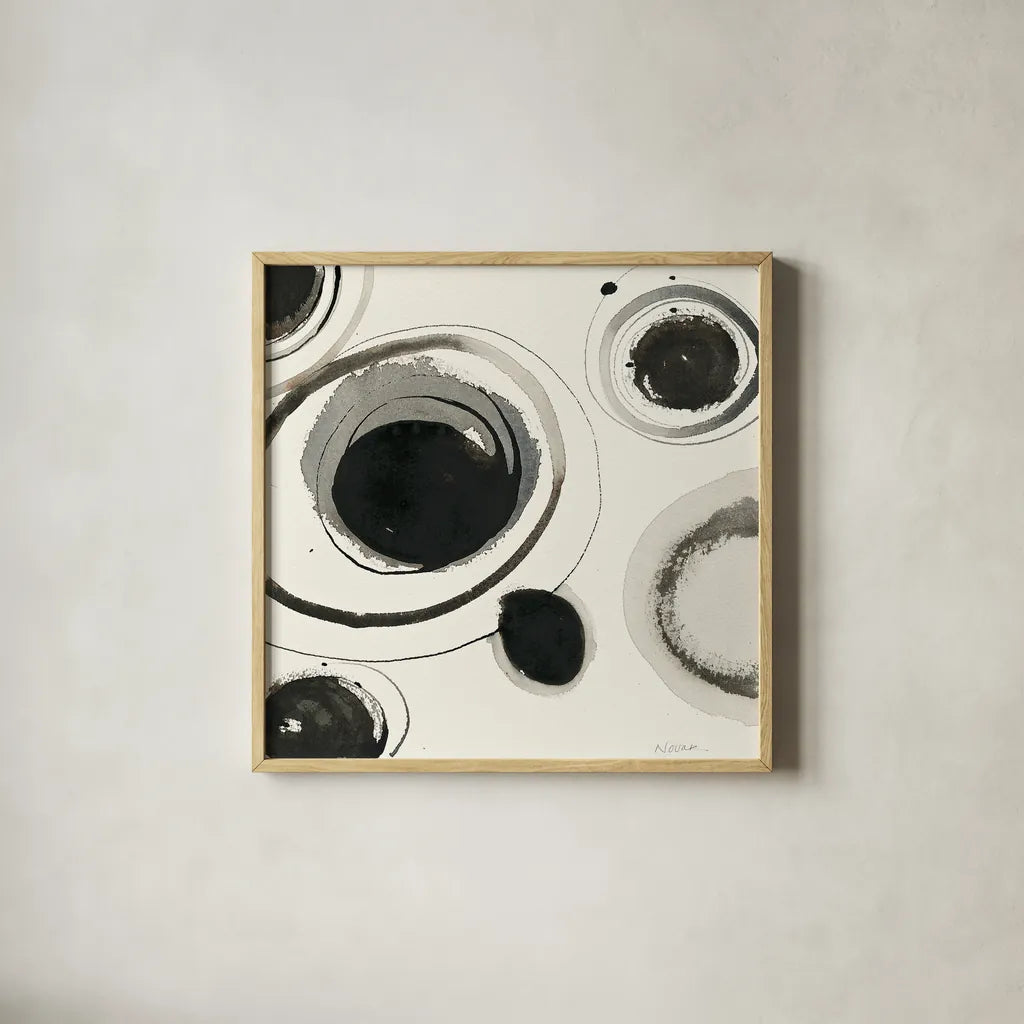 Planetary I by Shirley Novak. Shown in a natural wood glass frame for a timeless modern aesthetic. Available as an archival giclee rolled canvas, fine art paper, or poster print. SKU 22917a.