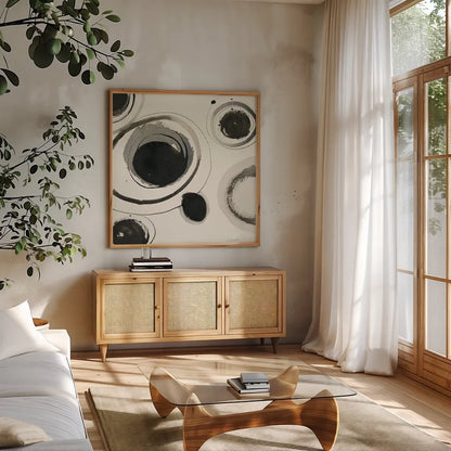 Planetary I by Shirley Novak. Shown in a natural wood frame in a cozy modern living room. Available as an archival giclee rolled canvas, fine art paper, or poster print. SKU 22917a.