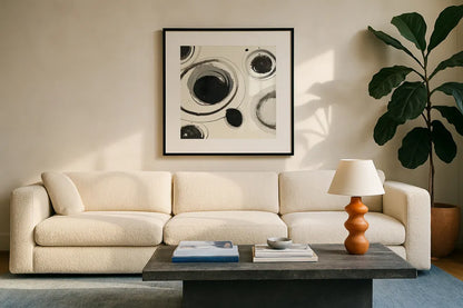 Planetary I by Shirley Novak. Displayed in a glass frame with matte in a clean modern living room. Available as an archival giclee rolled canvas, fine art paper, or poster print. SKU 22917a.