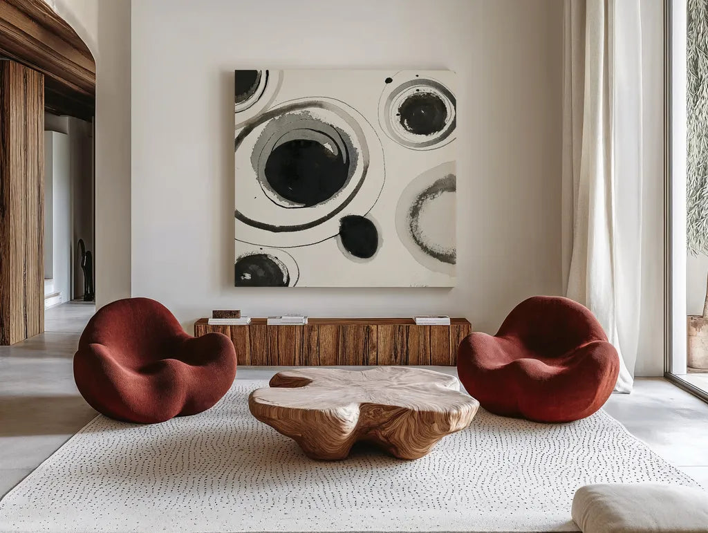 Planetary I by Shirley Novak. Shown as extra-large giant wall art in a modern living room. Available as an archival giclee rolled canvas, fine art paper, or poster print. SKU 22917a.
