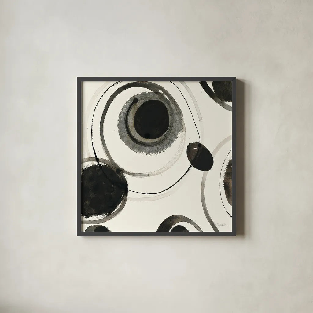 Planetary II by Shirley Novak. Shown in a sleek black glass frame for a contemporary gallery look. Available as an archival giclee rolled canvas, fine art paper, or poster print. SKU 22918a.