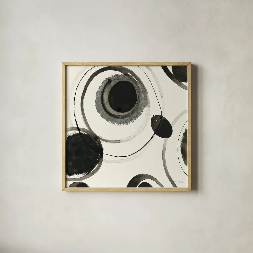 Planetary II by Shirley Novak. Shown in a natural wood glass frame for a timeless modern aesthetic. Available as an archival giclee rolled canvas, fine art paper, or poster print. SKU 22918a.