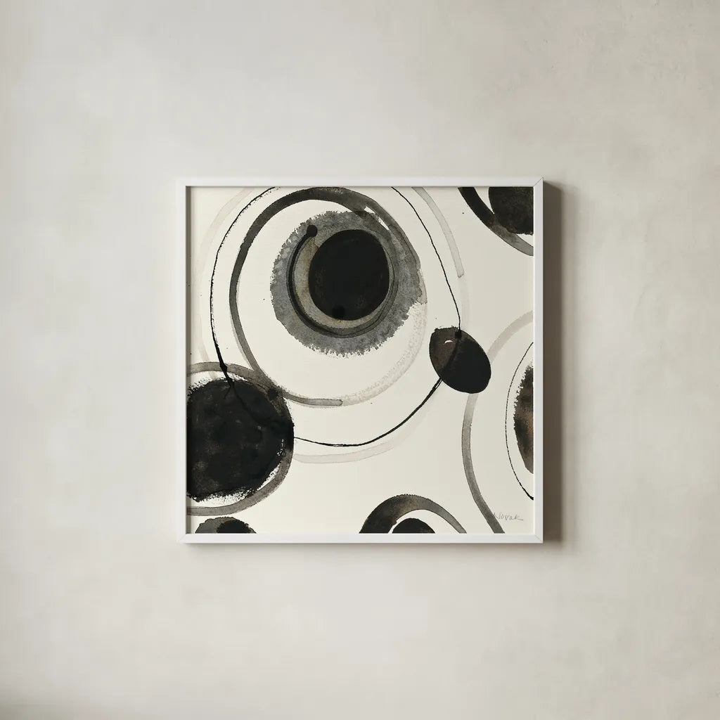 Planetary II by Shirley Novak. Shown in a crisp white glass frame for a clean and minimalist style. Available as an archival giclee rolled canvas, fine art paper, or poster print. SKU 22918a.