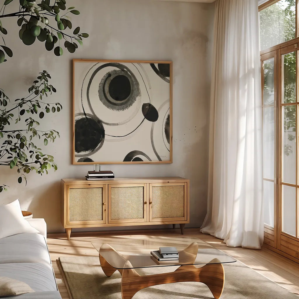 Planetary II by Shirley Novak. Shown in a natural wood frame in a cozy modern living room. Available as an archival giclee rolled canvas, fine art paper, or poster print. SKU 22918a.