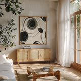 Planetary II by Shirley Novak. Shown in a natural wood frame in a cozy modern living room. Available as an archival giclee rolled canvas, fine art paper, or poster print. SKU 22918a.
