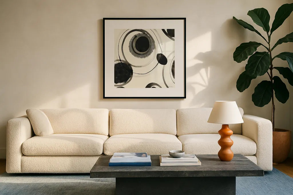 Planetary II by Shirley Novak. Displayed in a glass frame with matte in a clean modern living room. Available as an archival giclee rolled canvas, fine art paper, or poster print. SKU 22918a.