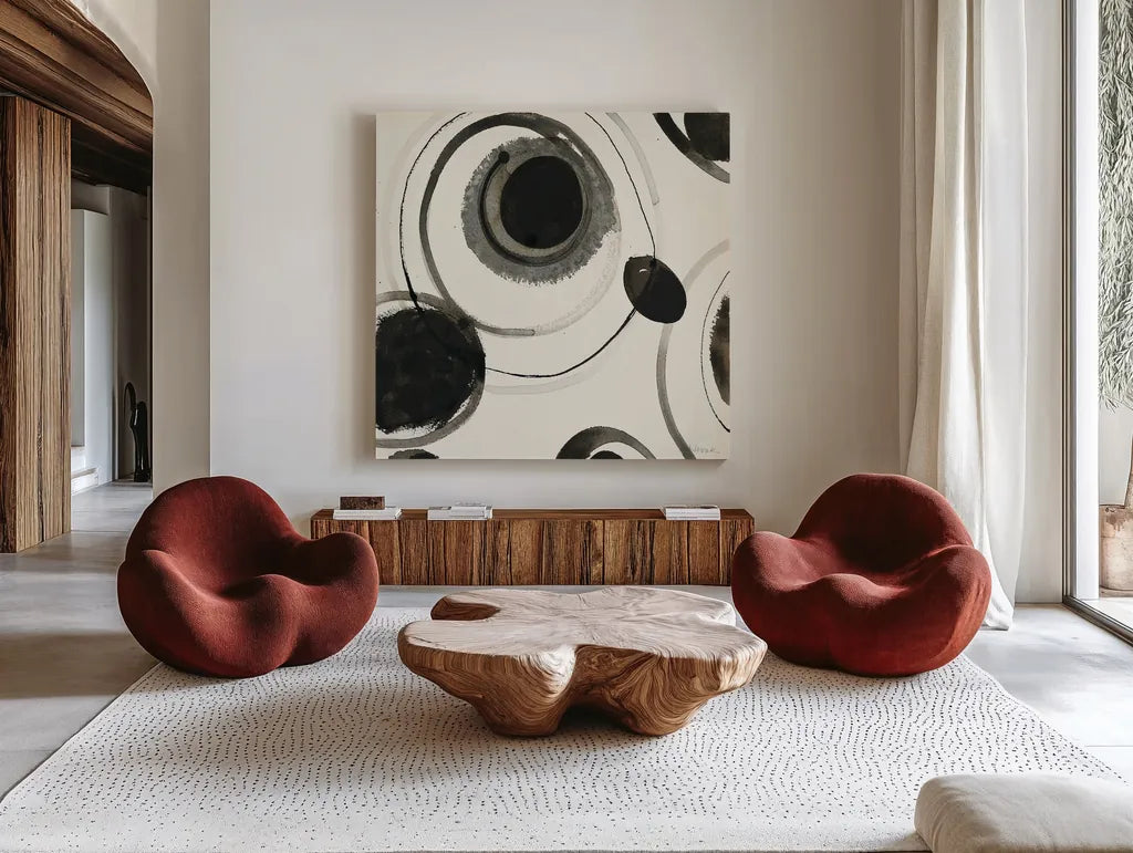 Planetary II by Shirley Novak. Shown as extra-large giant wall art in a modern living room. Available as an archival giclee rolled canvas, fine art paper, or poster print. SKU 22918a.